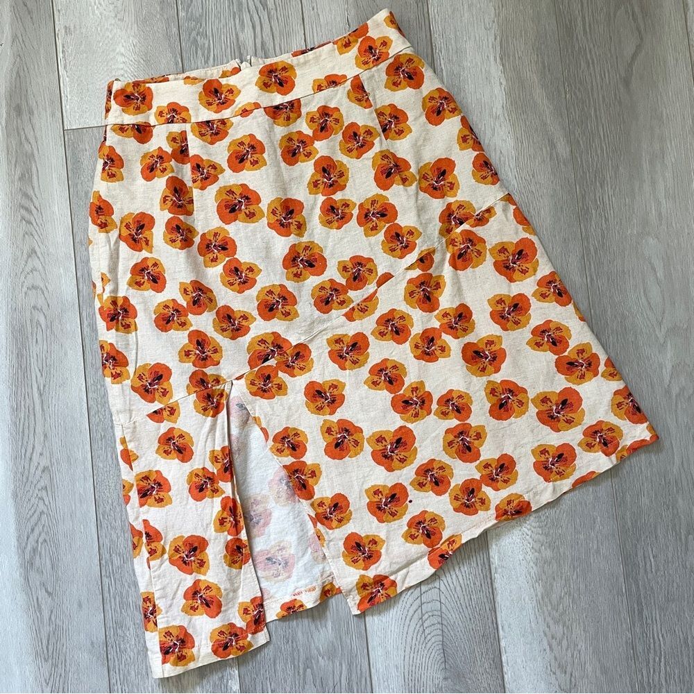 adL Cotton Linen Floral Side Slit Mini Skirt Orange Cream (Small)